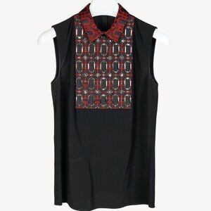 Gucci PF/15 Black Crepe Embellished Collared Sleeveless Blouse
